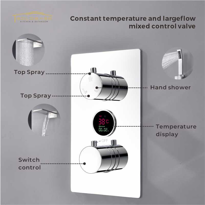 Premium Modern Brass Thermostatic Shower System - Wall-Mounted Rainfall & Handheld 2-in-1 Complete Bathroom Shower Set - Image 3