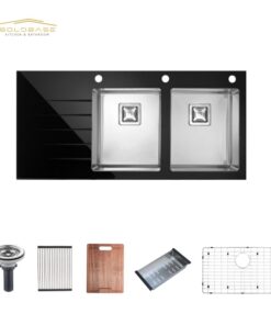 304 Stainless Steel Handmade Double-Bowl Sink with White Glass Coating & Integrated Drainboard