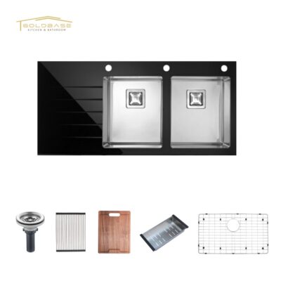 304 Stainless Steel Handmade Double-Bowl Sink with White Glass Coating & Integrated Drainboard