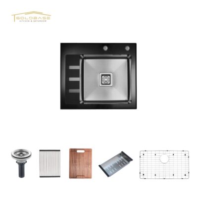 304 Stainless Steel Handmade Single Bowl Kitchen Sink with White Glass Coating & Drainboard